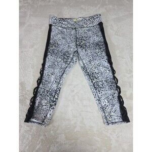 Xersion Leggings Size L White/Black Spots Splash Capri Mesh Side Panel No Pocket